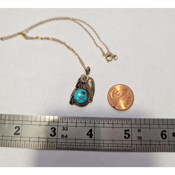 Vintage 12K Gold Filled Pendant Necklace Blue Turquoise Floral by Beverly Lucero - Picture 10 of 16
